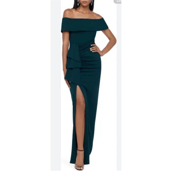 $248 XSCAPE Womens Green Gown Short Sleeve Off Shoulder Maxi Evening Dress 4 - Picture 1 of 9